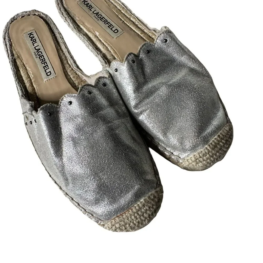 Karl Lagerfeld‎ Metallic Silver Espadrille Slides Slip on Shoes Women Size 7.5
